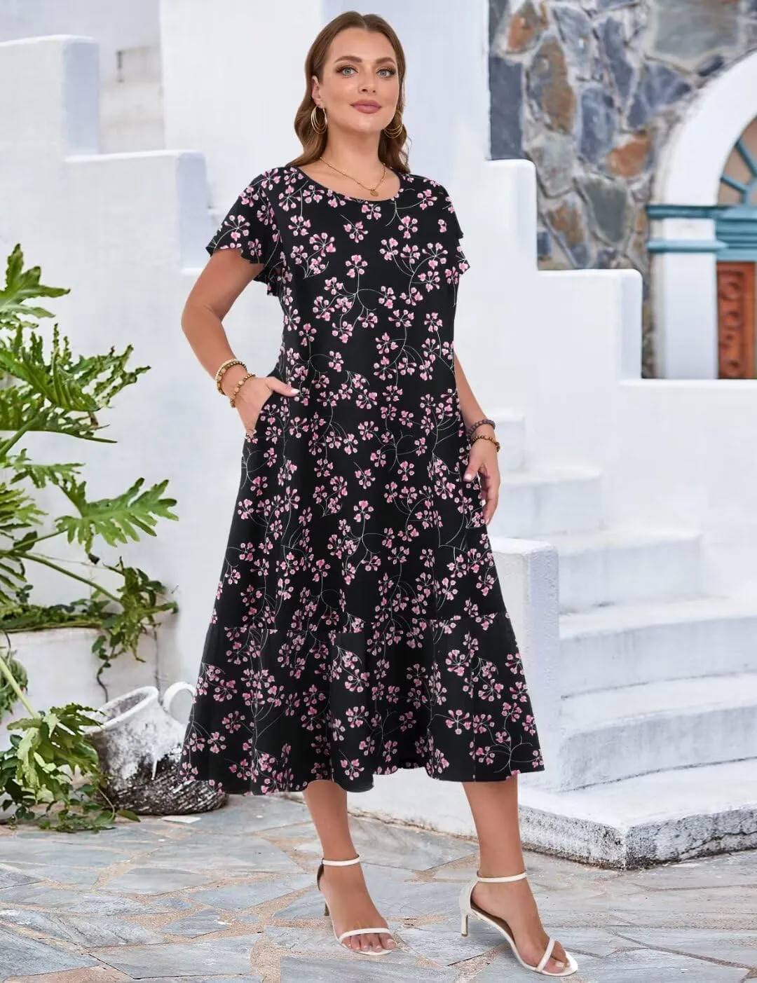 MONNURO Women Summer Causal Ruffle Short Sleeve T Shirt Maxi Beach Long Dress with Pockets