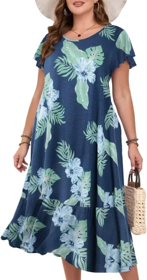 MONNURO Women Summer Causal Ruffle Short Sleeve T Shirt Maxi Beach Long Dress with Pockets