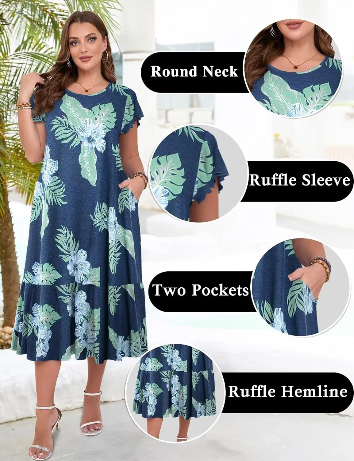 MONNURO Women Summer Causal Ruffle Short Sleeve T Shirt Maxi Beach Long Dress with Pockets