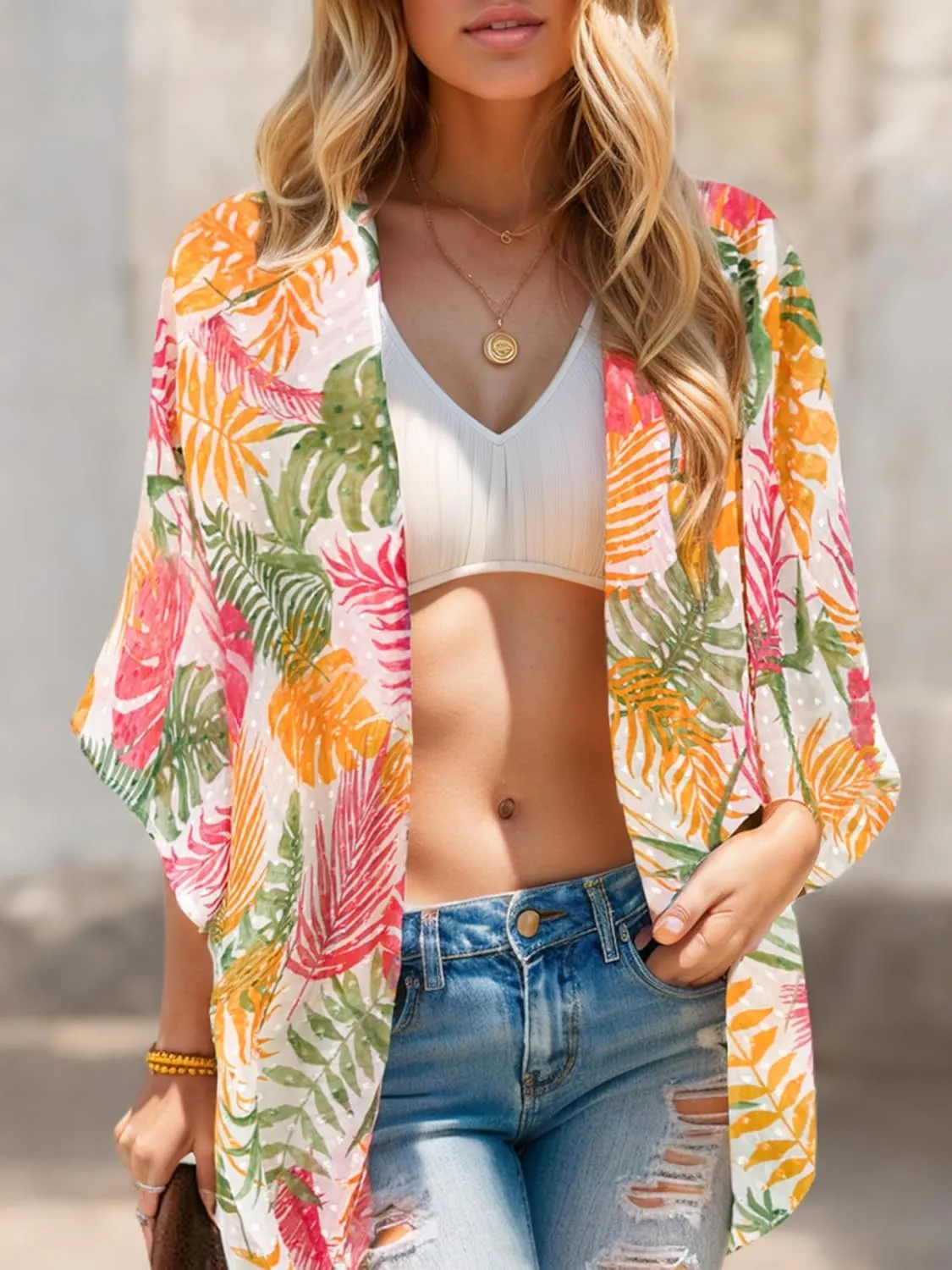 Moss Rose Women's Beach Kimono Coverup Sheer Chiffon Cover Ups, Casual Loose Open Front Cardigan Tops