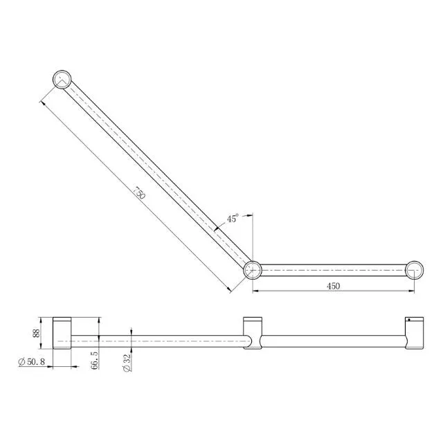 Nero Mecca Care 32mm Ambulant Toilet Grab Rail 45 Degree 750x450mm Matte Black