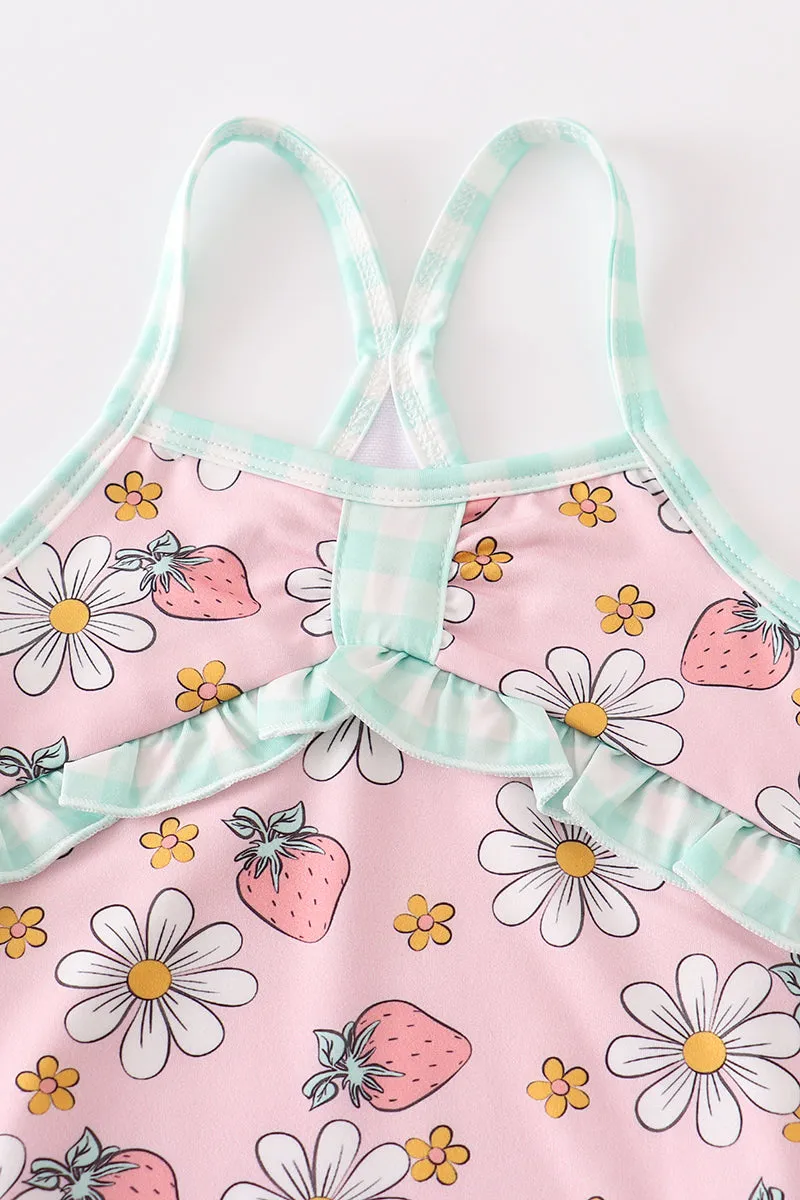Pink floral strawberry print one-piece girl swimsuit