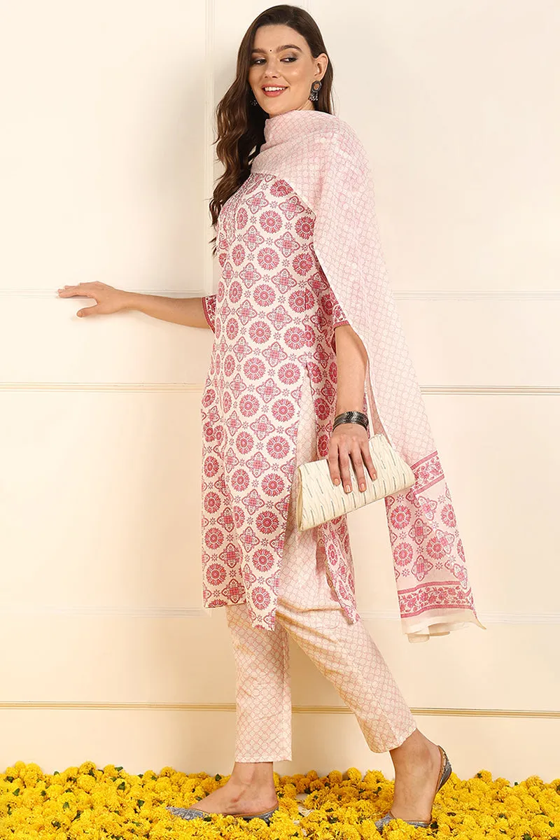 Pink Pure Cotton Ethnic Motifs Printed Straight Suit Set