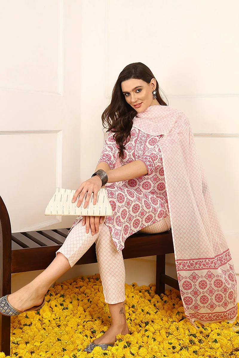 Pink Pure Cotton Ethnic Motifs Printed Straight Suit Set