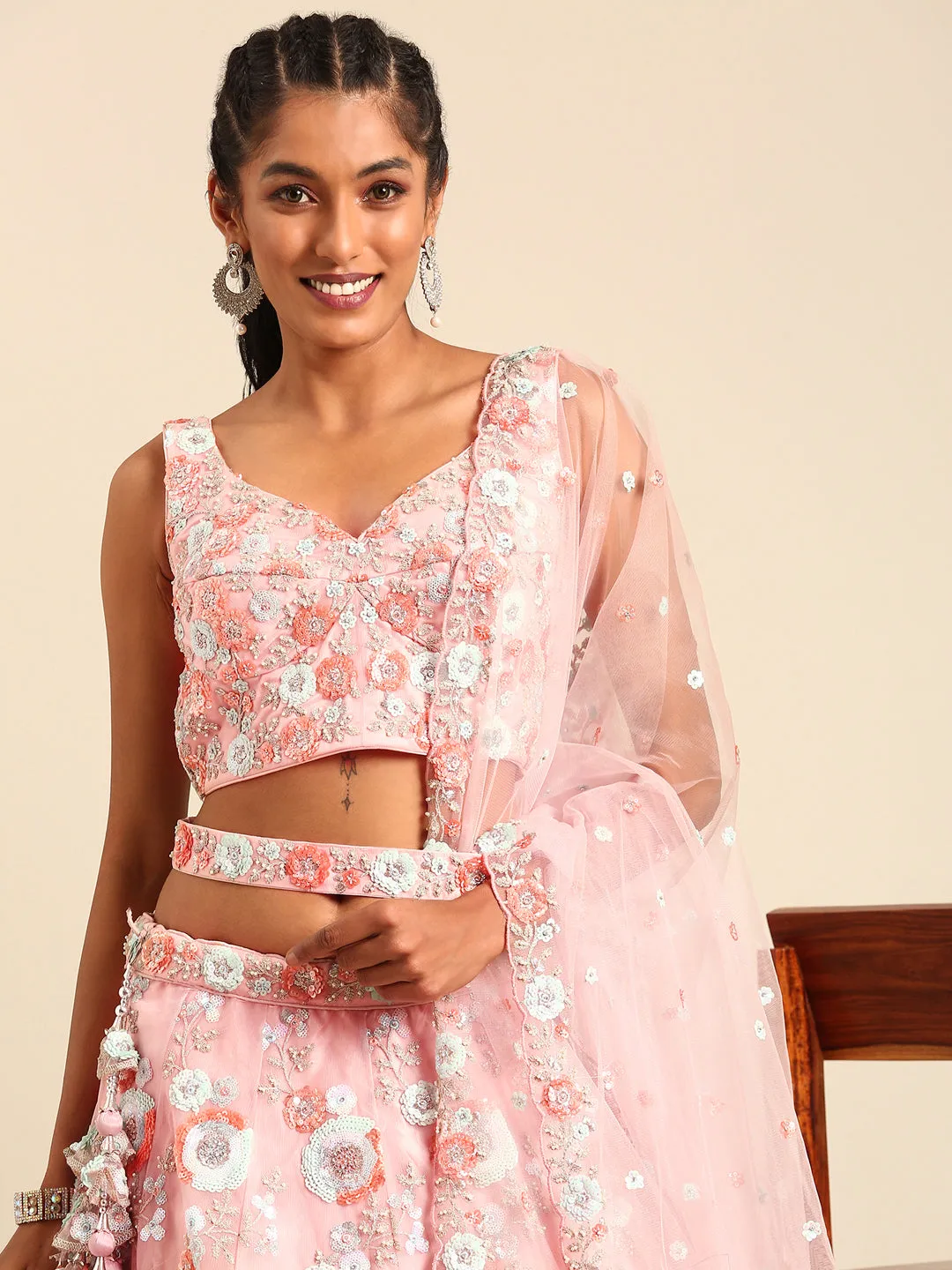 Pink Stunning Semi-Stitched Lehenga Choli Set with Zari, Sequins & Moti Embroidered Net