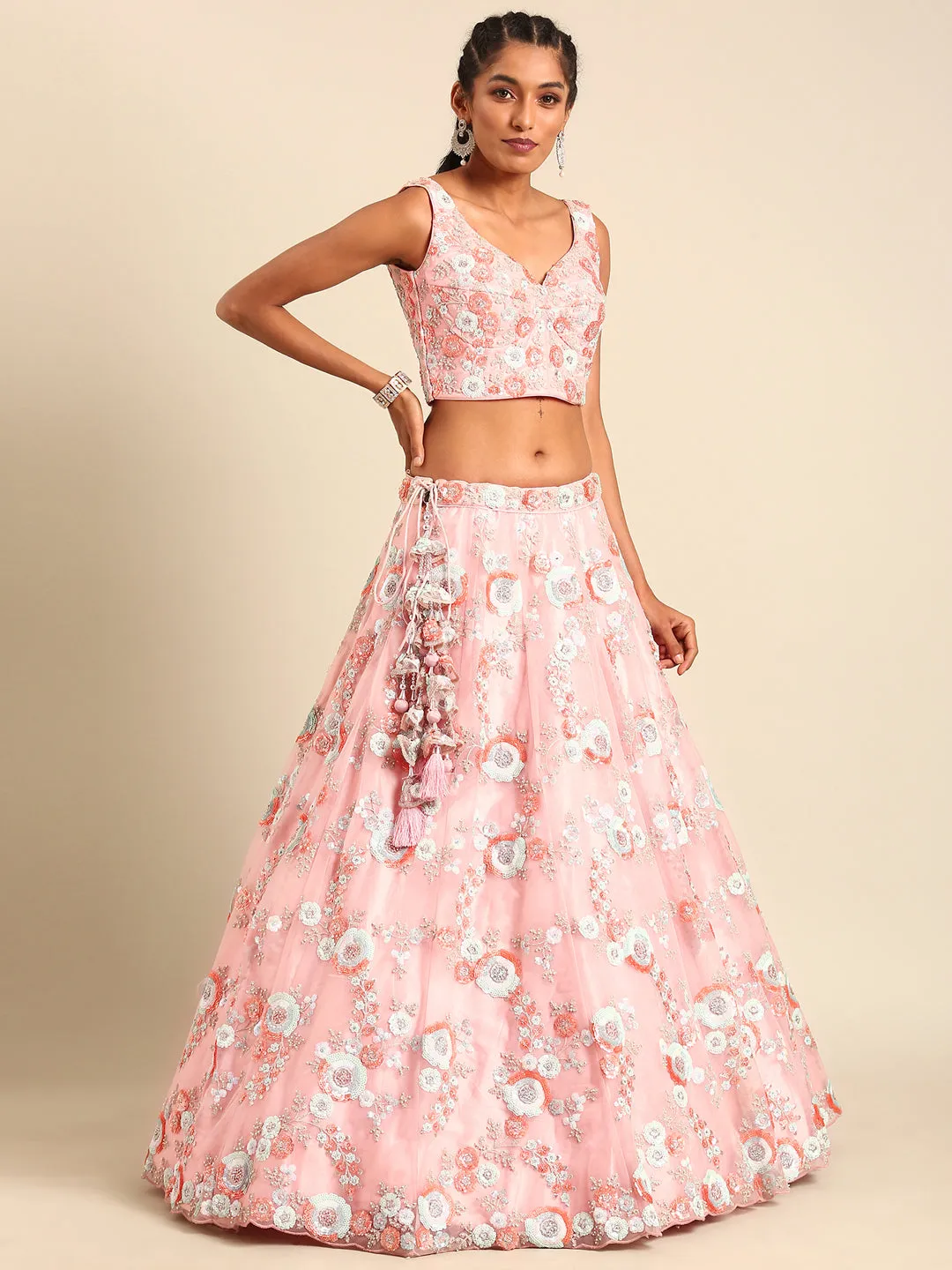 Pink Stunning Semi-Stitched Lehenga Choli Set with Zari, Sequins & Moti Embroidered Net