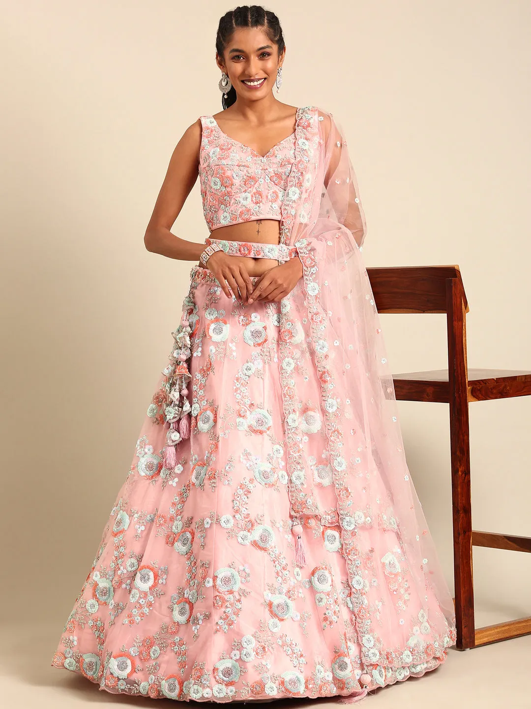 Pink Stunning Semi-Stitched Lehenga Choli Set with Zari, Sequins & Moti Embroidered Net