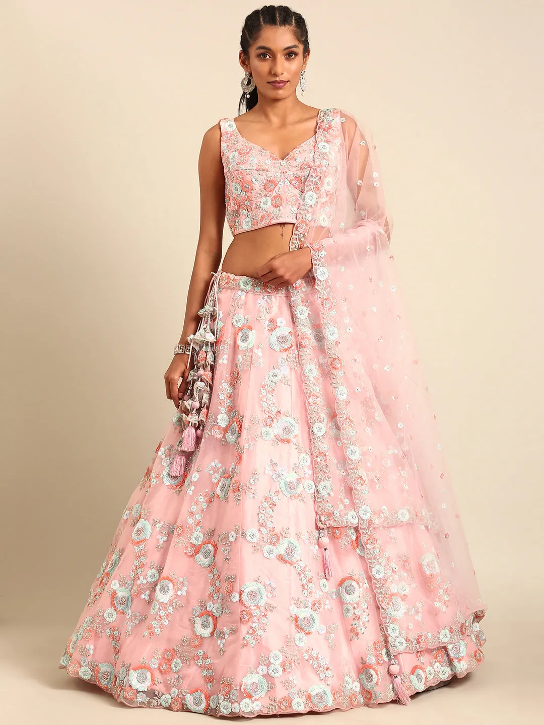 Pink Stunning Semi-Stitched Lehenga Choli Set with Zari, Sequins & Moti Embroidered Net