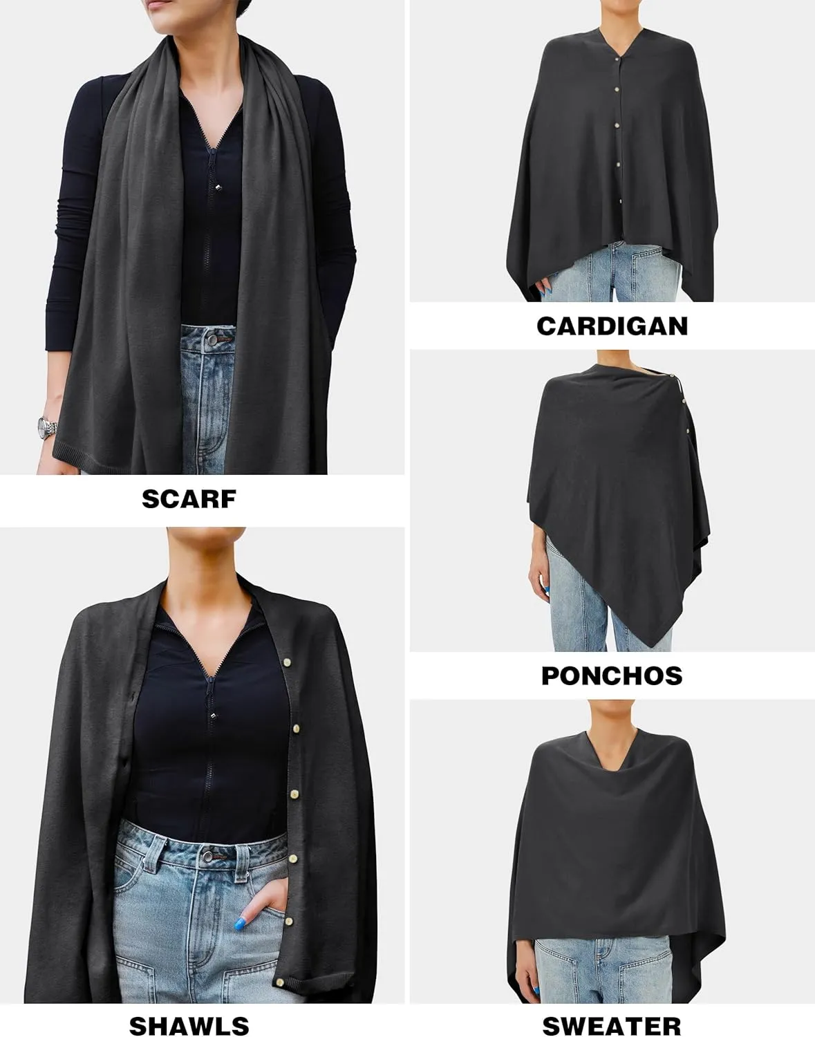PULI Women's Versatile Knitted Shawls Scarf Poncho Sweater with Buttons Lightweight Spring Summer Fall Wraps