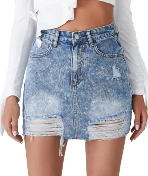Raboolion Women's Casual Distressed High Waist Bodycon Denim Mini Skirt Ripped Frayed Hem A Line Short Jean Skirts