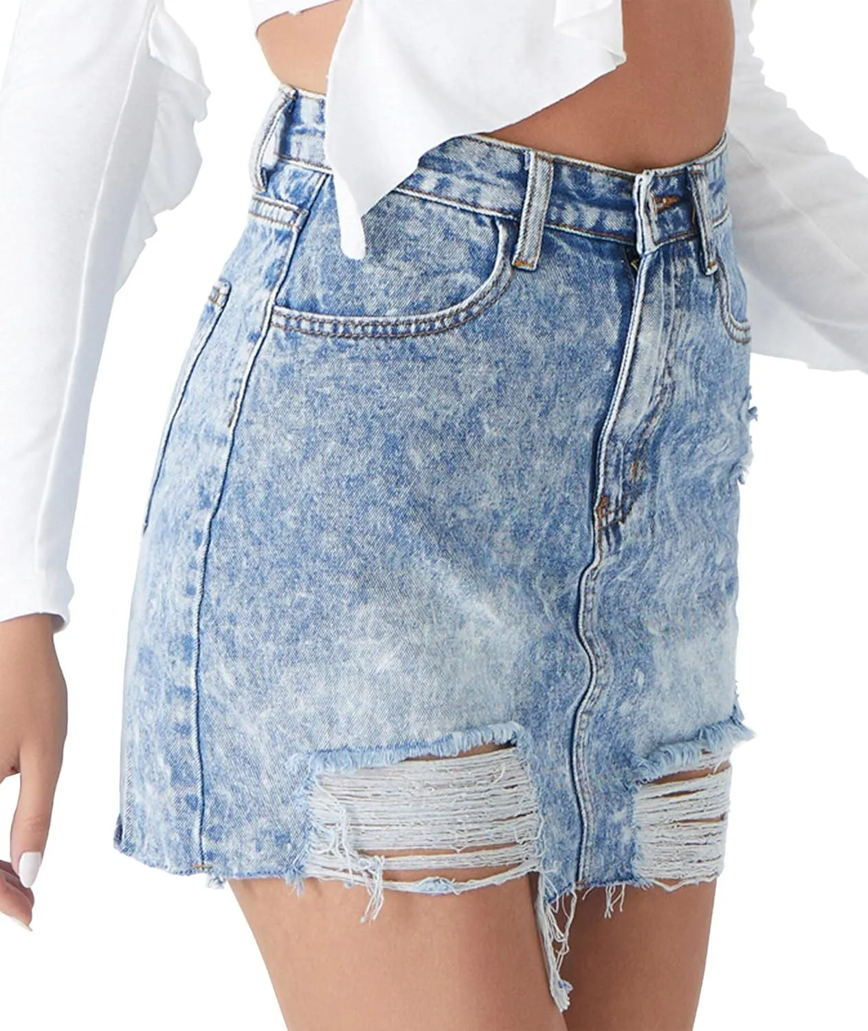 Raboolion Women's Casual Distressed High Waist Bodycon Denim Mini Skirt Ripped Frayed Hem A Line Short Jean Skirts