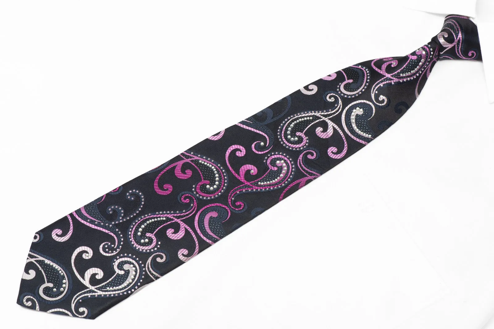 Scrolls On Navy Blue Rhinestone Silk Necktie With Silver Sparkles