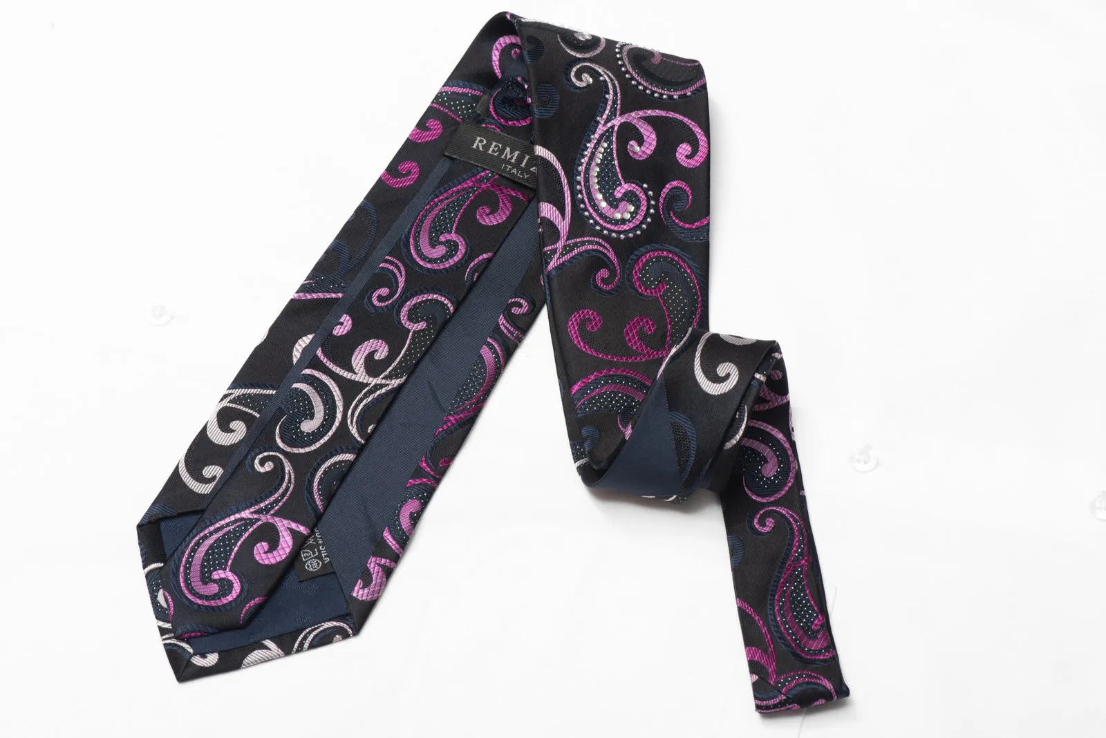 Scrolls On Navy Blue Rhinestone Silk Necktie With Silver Sparkles
