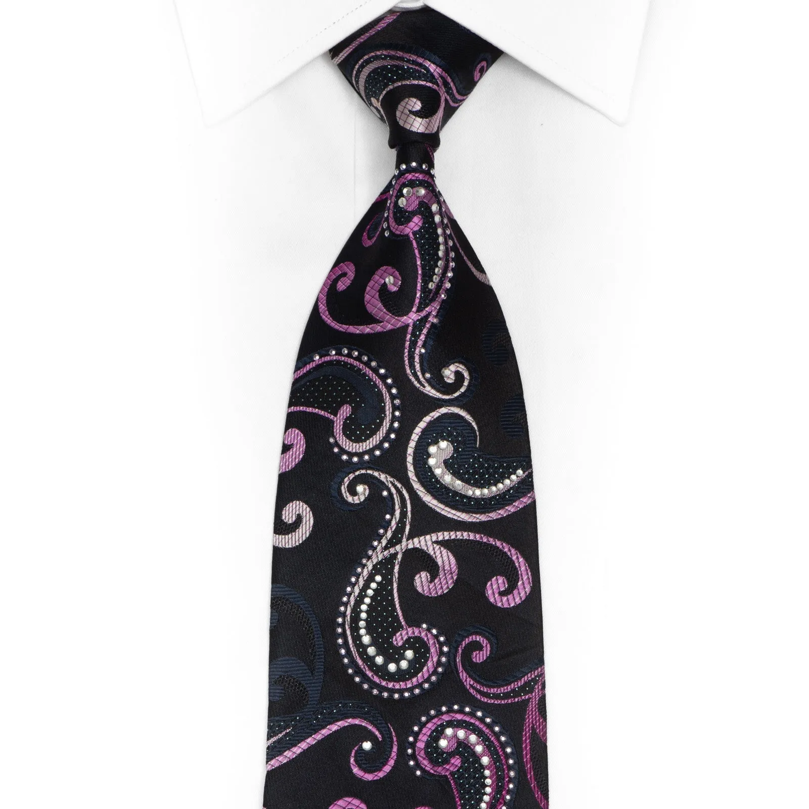 Scrolls On Navy Blue Rhinestone Silk Necktie With Silver Sparkles