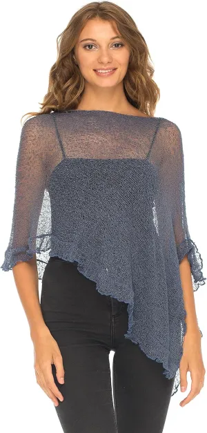 SHU-SHI Womens Sheer Poncho Shrug Lightweight Knit Ruffle Pullover Sweater Top