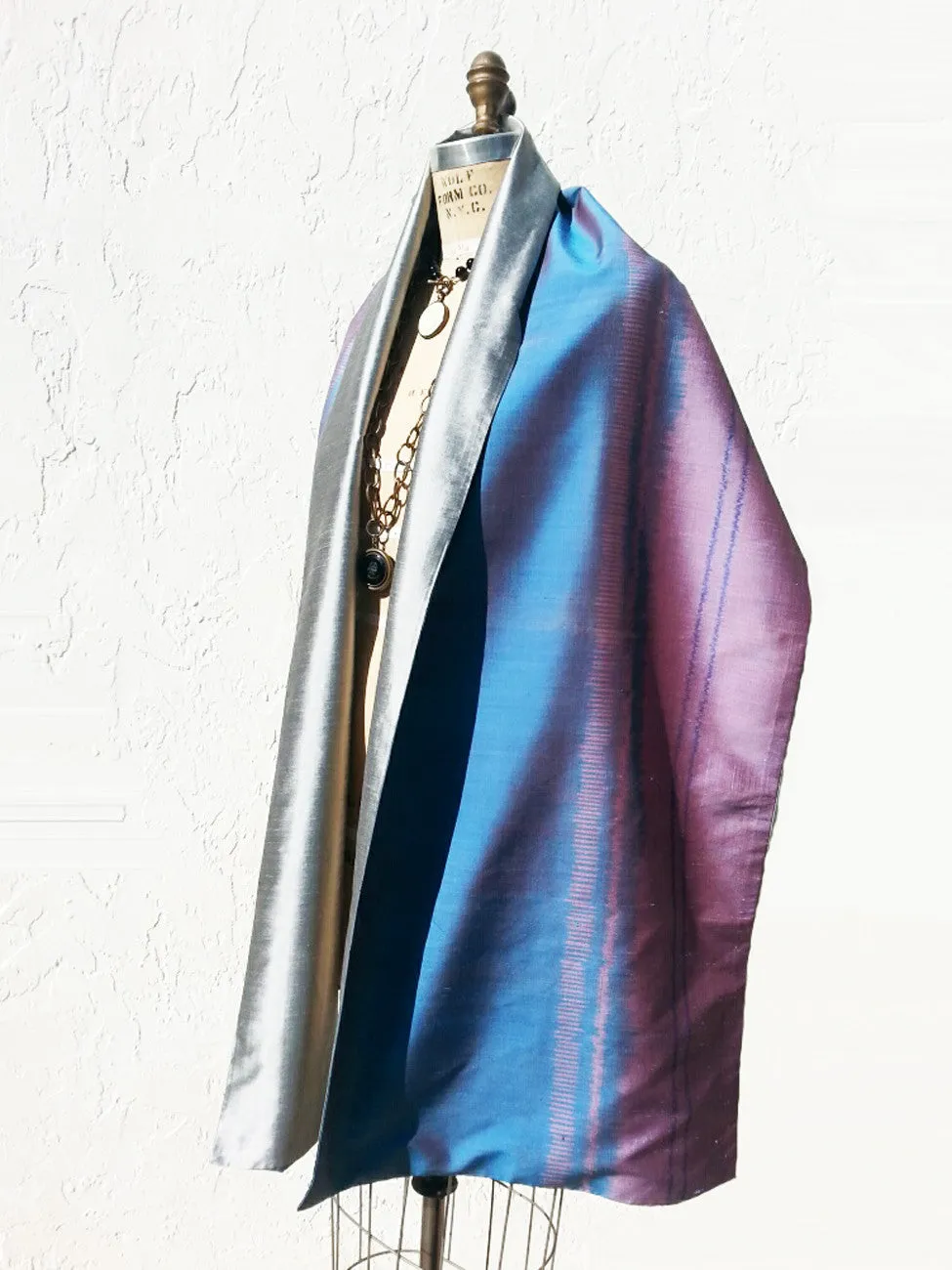 Silk Ikat Double Side Shawl Cerulean Pink Silver