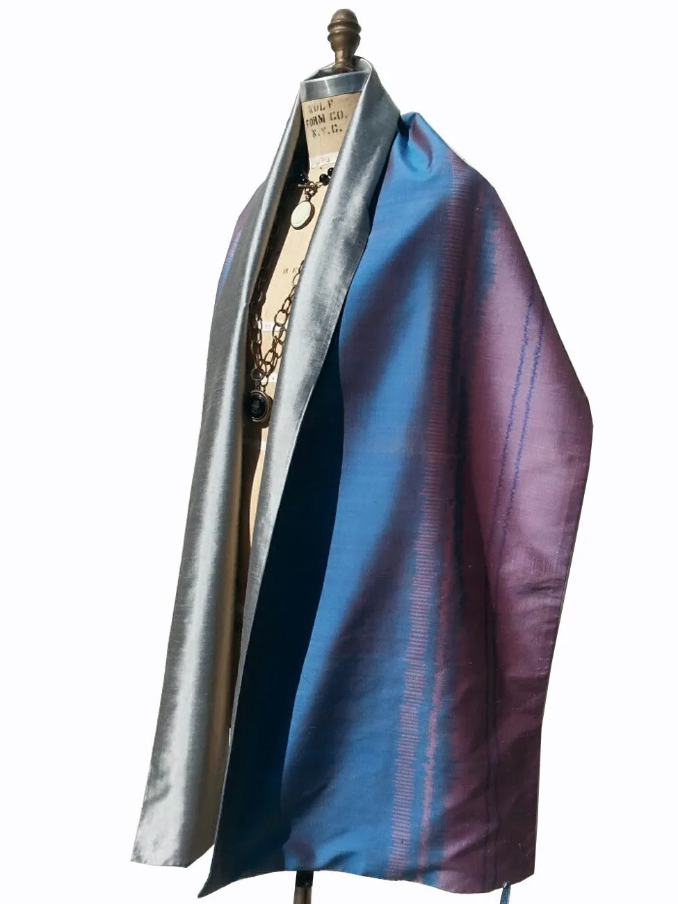 Silk Ikat Double Side Shawl Cerulean Pink Silver