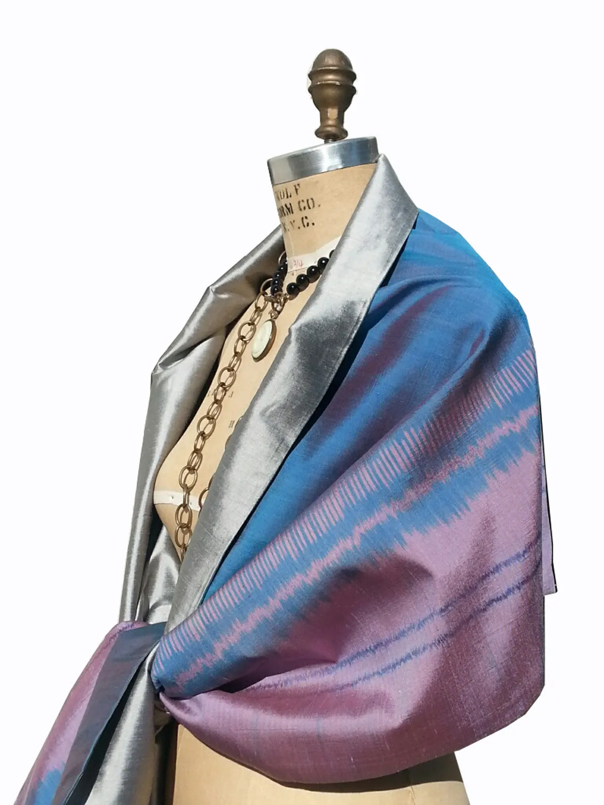 Silk Ikat Double Side Shawl Cerulean Pink Silver