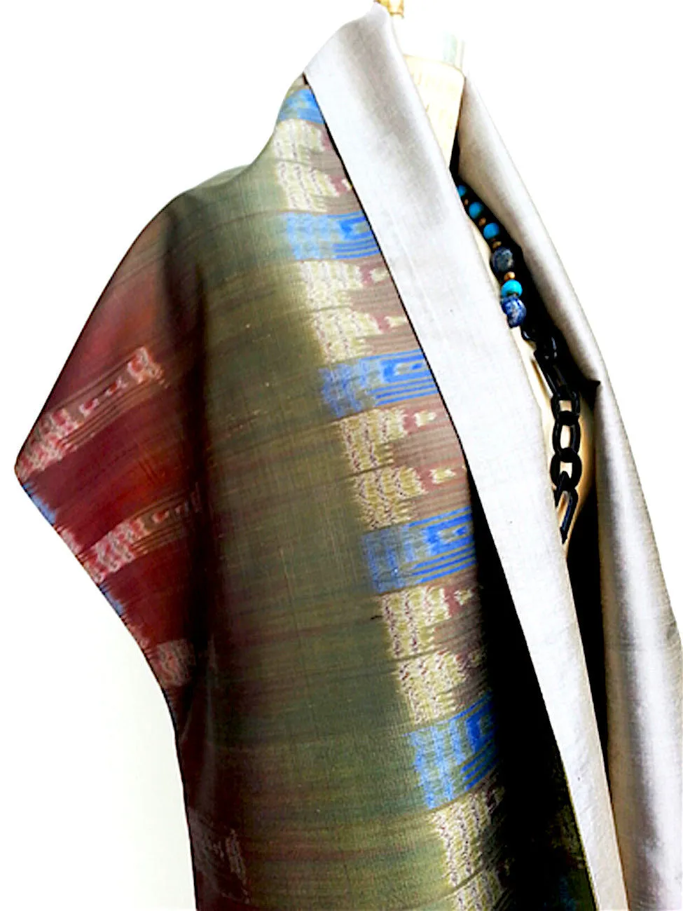 Silk Ikat Double Side Shawl Green Silver