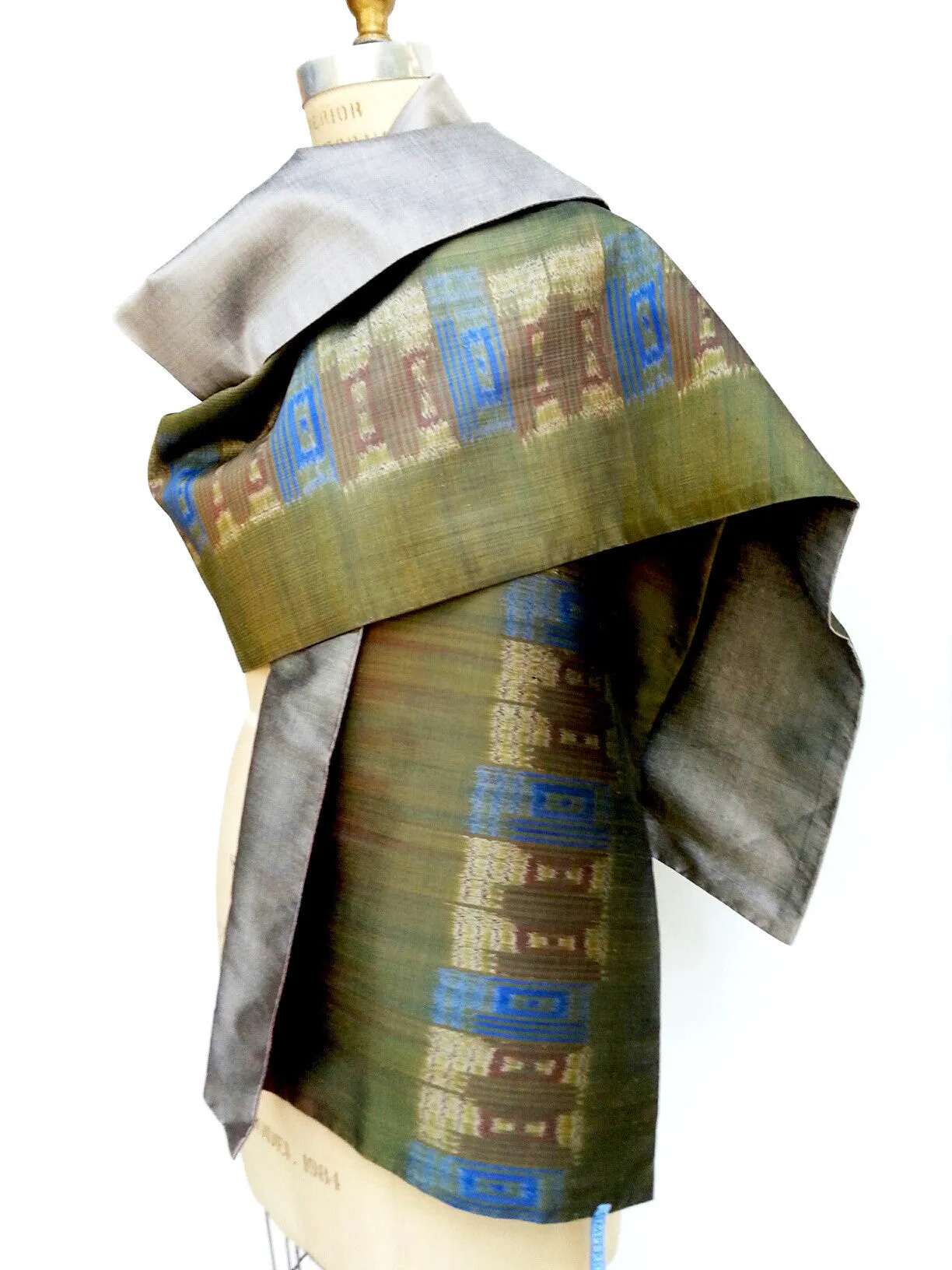 Silk Ikat Double Side Shawl Green Silver