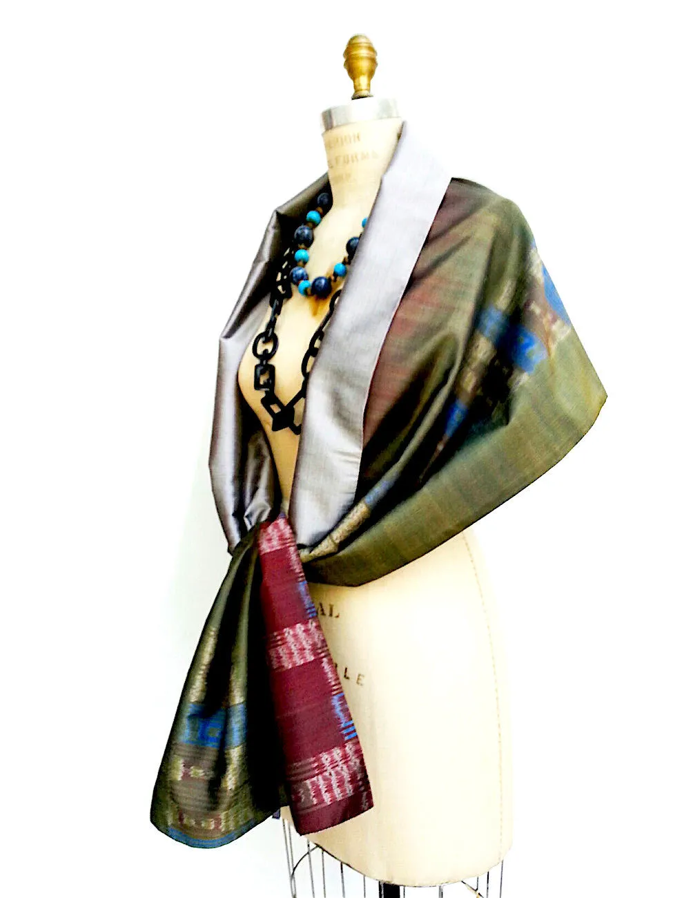 Silk Ikat Double Side Shawl Green Silver