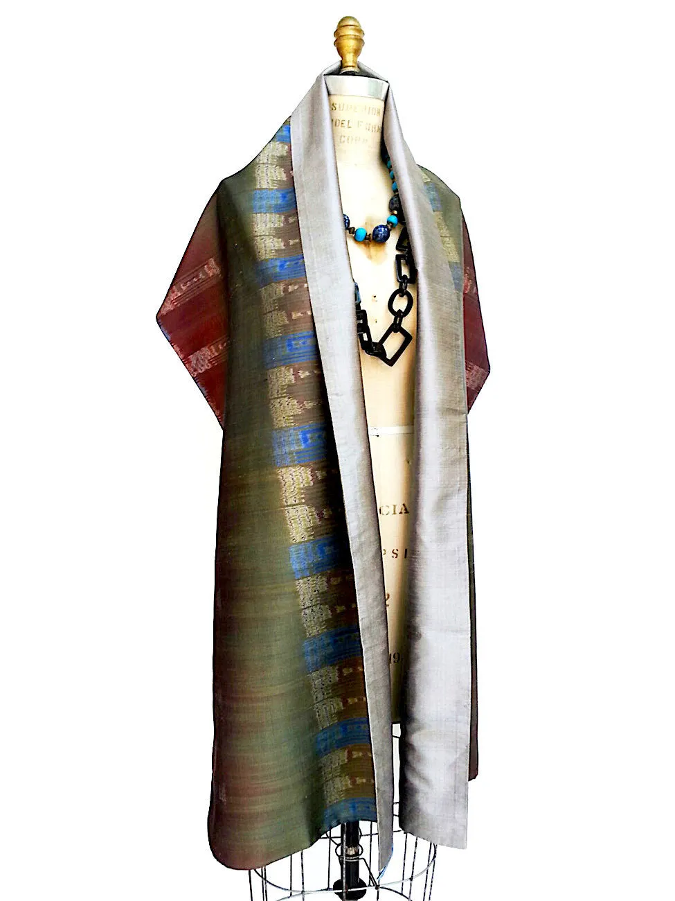 Silk Ikat Double Side Shawl Green Silver