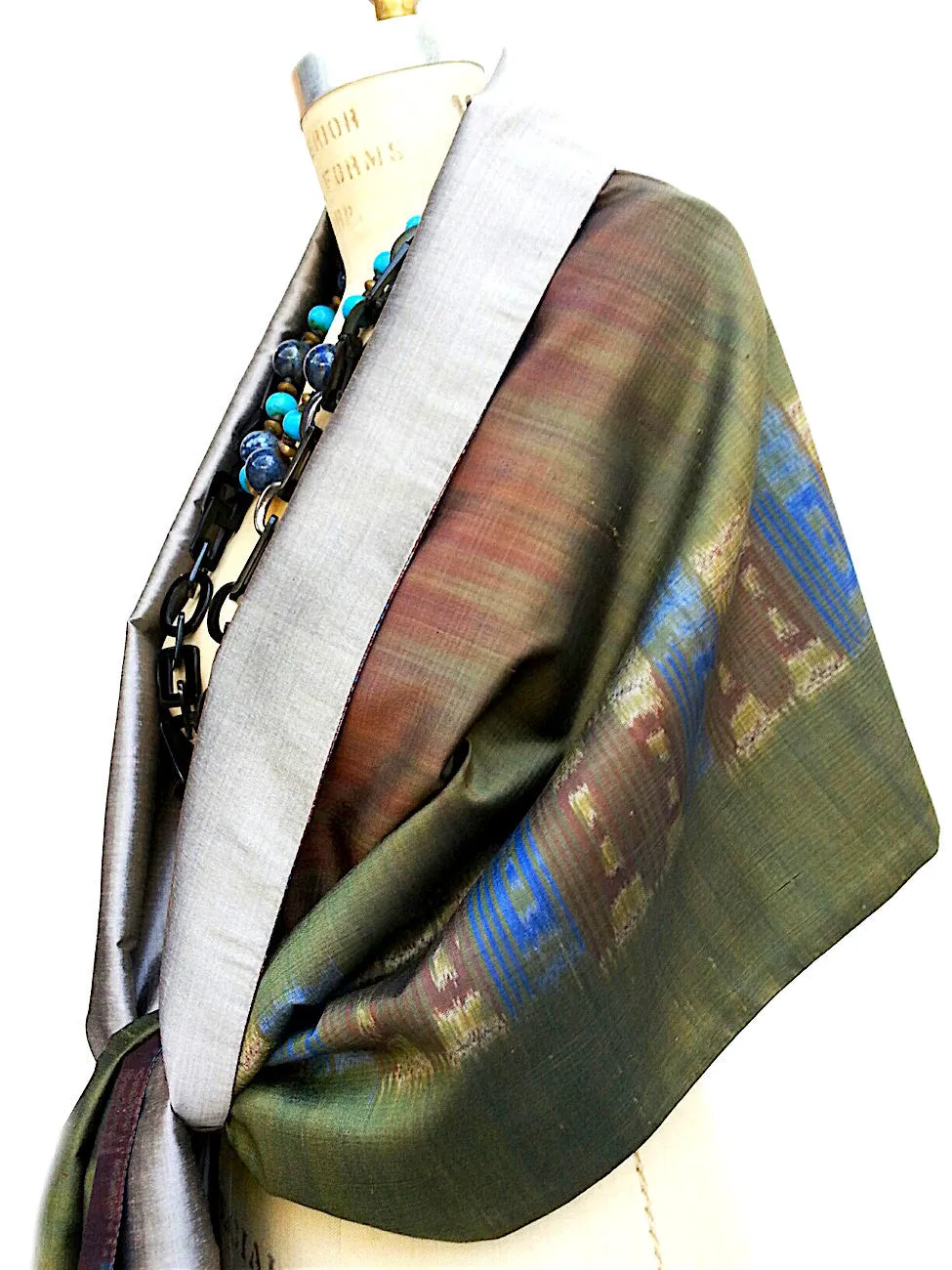 Silk Ikat Double Side Shawl Green Silver