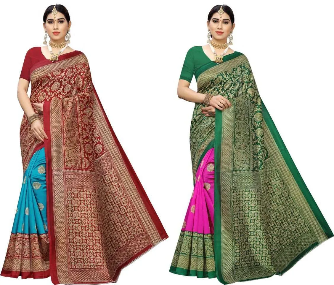 SVB Saree Green  And Red Colour Mysore Silk Saree pack of 2