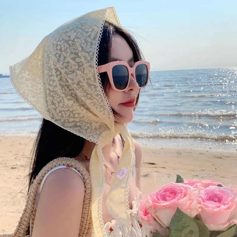 TAVIMART  -  French Girl Latest White Black Sheer Lace Triangle Scarf Floral Face Veil Wedding Party Shawls Headband Headscarf Accessories