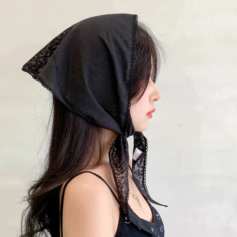 TAVIMART  -  French Girl Latest White Black Sheer Lace Triangle Scarf Floral Face Veil Wedding Party Shawls Headband Headscarf Accessories