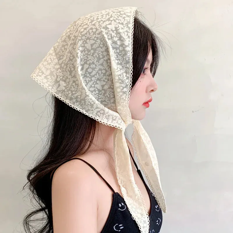 TAVIMART  -  French Girl Latest White Black Sheer Lace Triangle Scarf Floral Face Veil Wedding Party Shawls Headband Headscarf Accessories