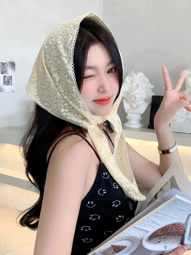 TAVIMART  -  French Girl Latest White Black Sheer Lace Triangle Scarf Floral Face Veil Wedding Party Shawls Headband Headscarf Accessories