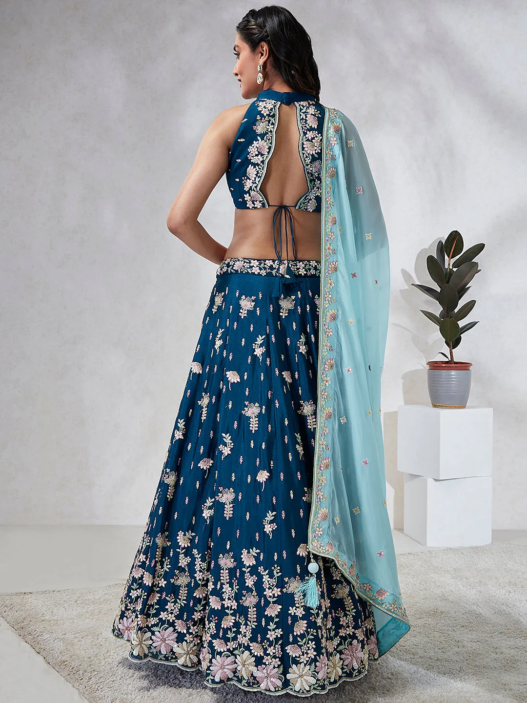 Teal Sequinned Lehenga Choli Set - Embroidered Elegance for Special Occasions