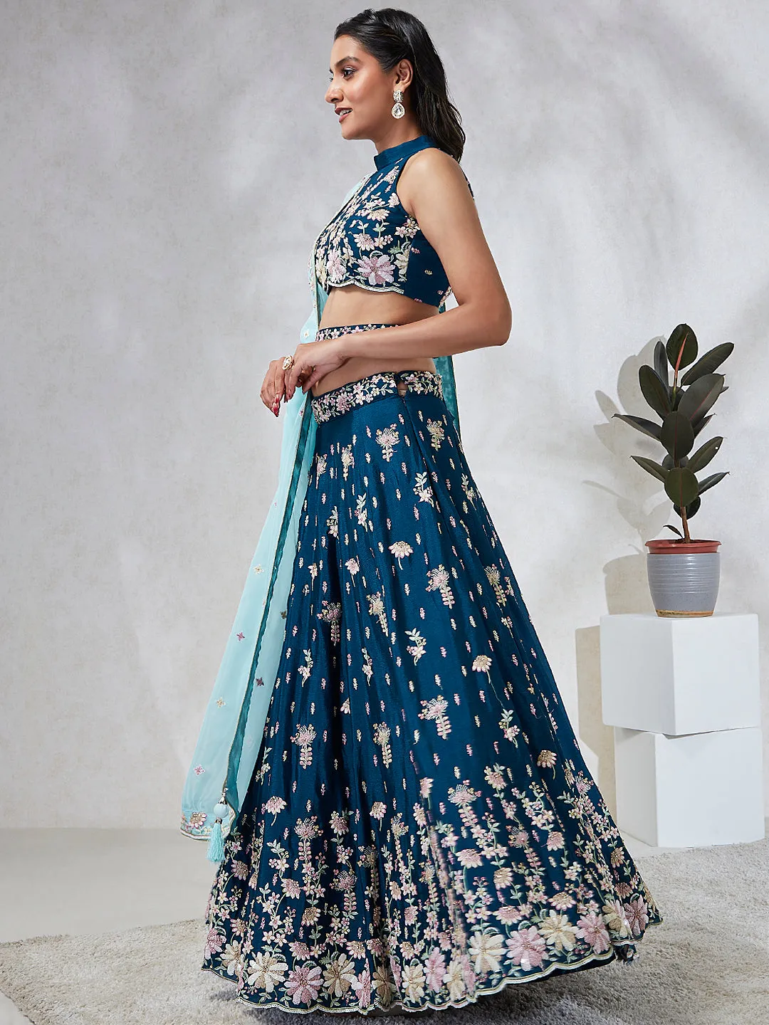 Teal Sequinned Lehenga Choli Set - Embroidered Elegance for Special Occasions