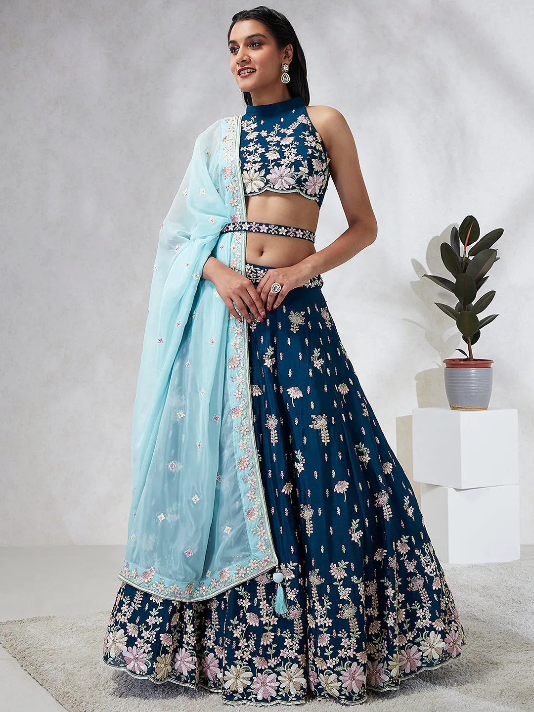 Teal Sequinned Lehenga Choli Set - Embroidered Elegance for Special Occasions