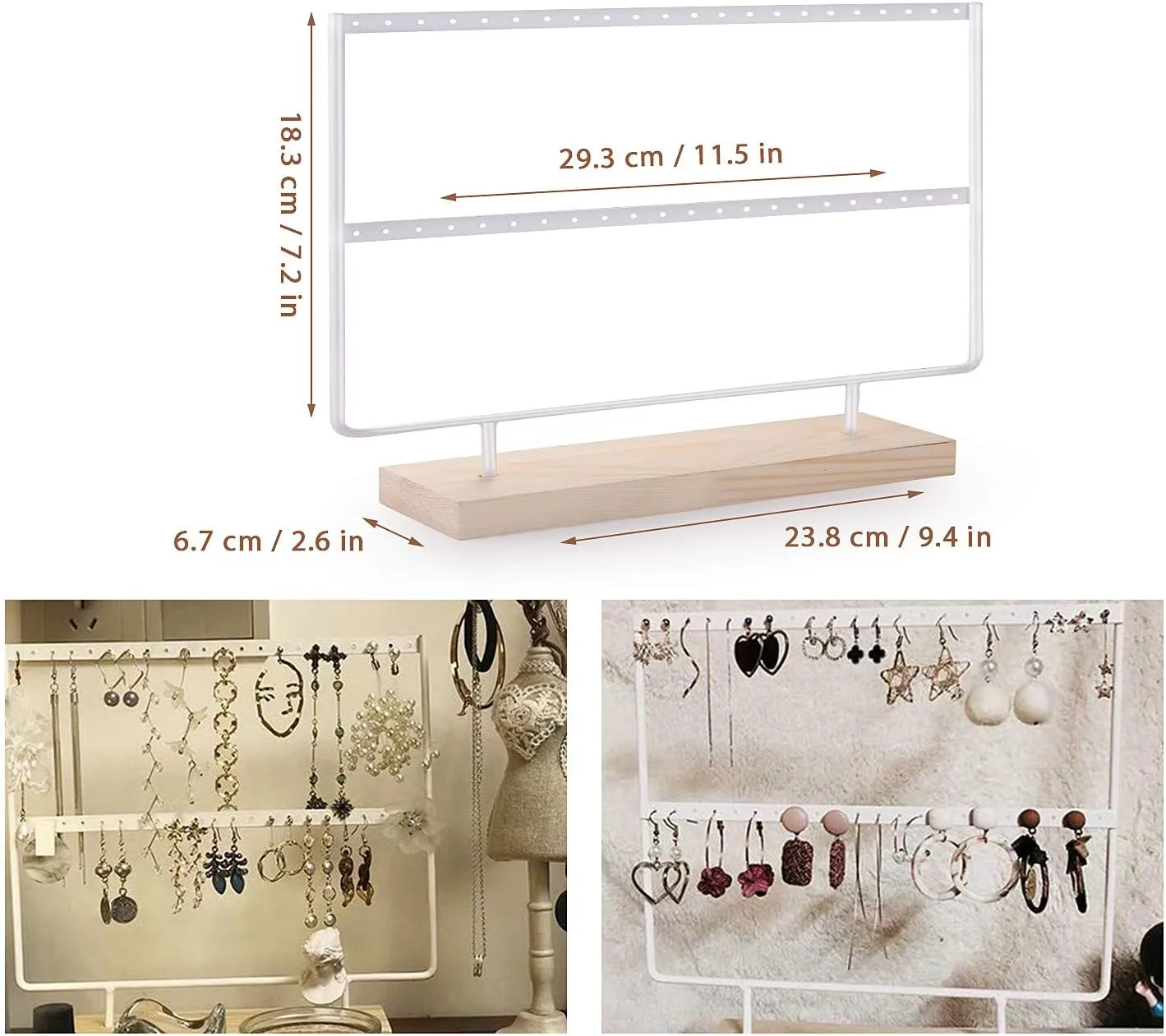 VERGILIUS Earrings Holder Organizer Jewelry Earring Holder Display Wood Stand(46 Holes 2 Layers) (White)