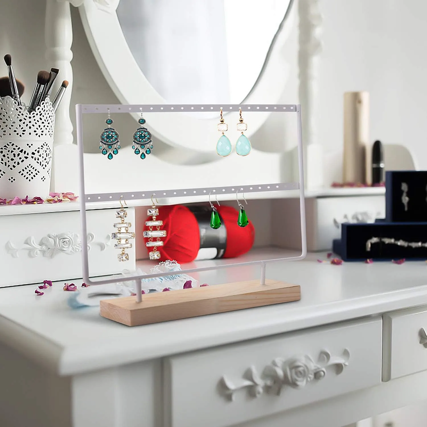 VERGILIUS Earrings Holder Organizer Jewelry Earring Holder Display Wood Stand(46 Holes 2 Layers) (White)
