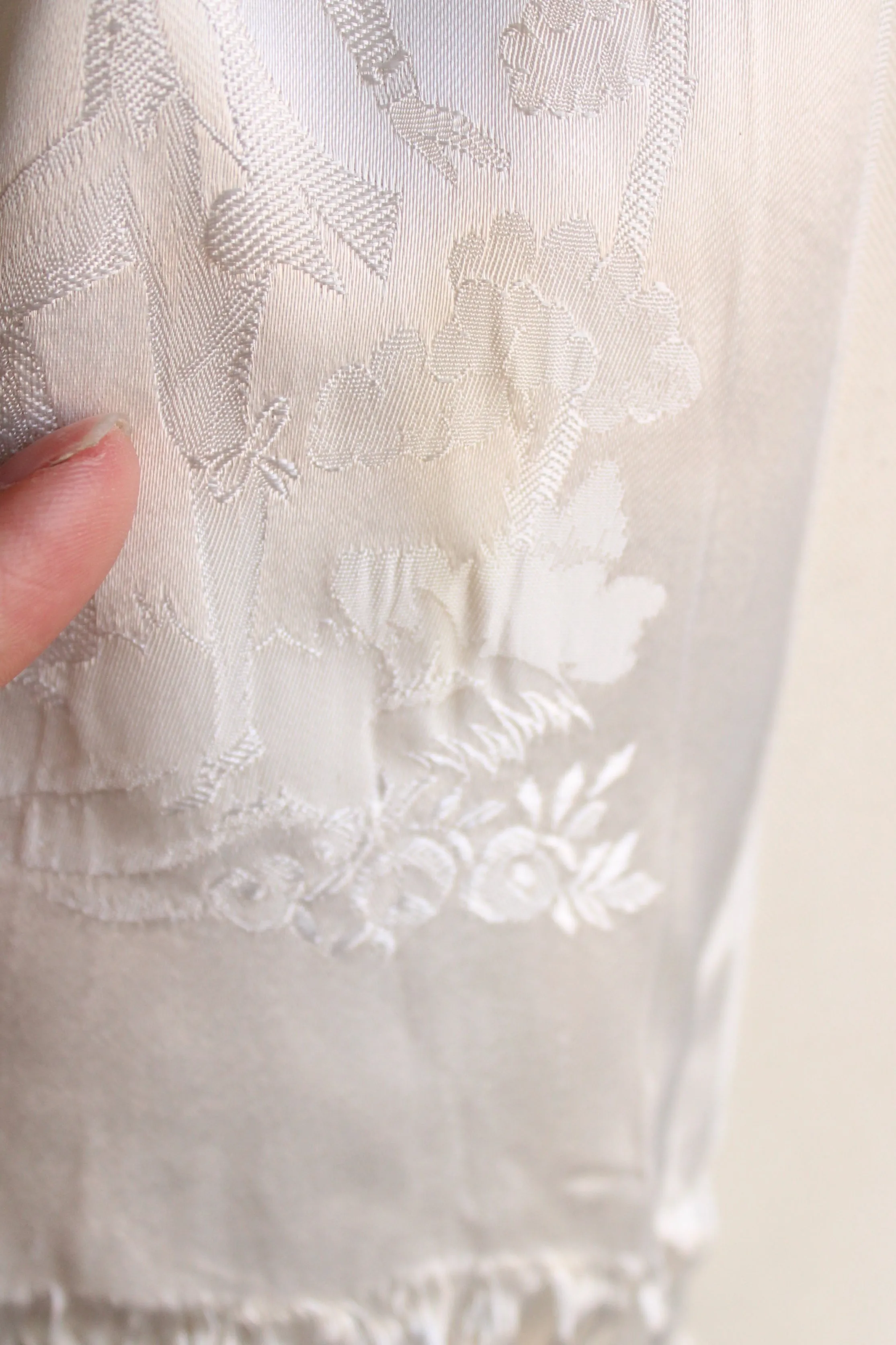 Vintage Winter White Fringed Silk Scarf
