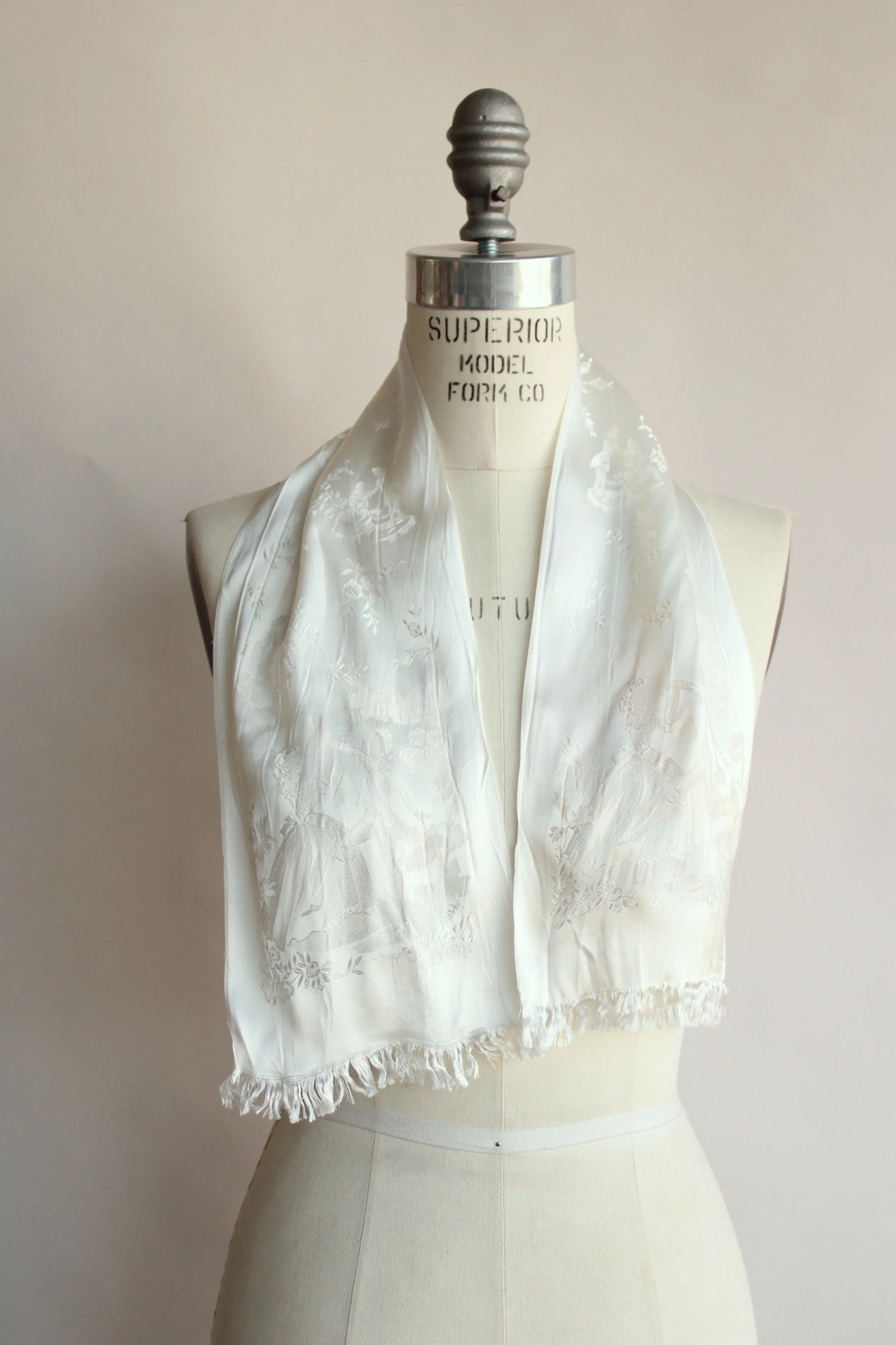 Vintage Winter White Fringed Silk Scarf