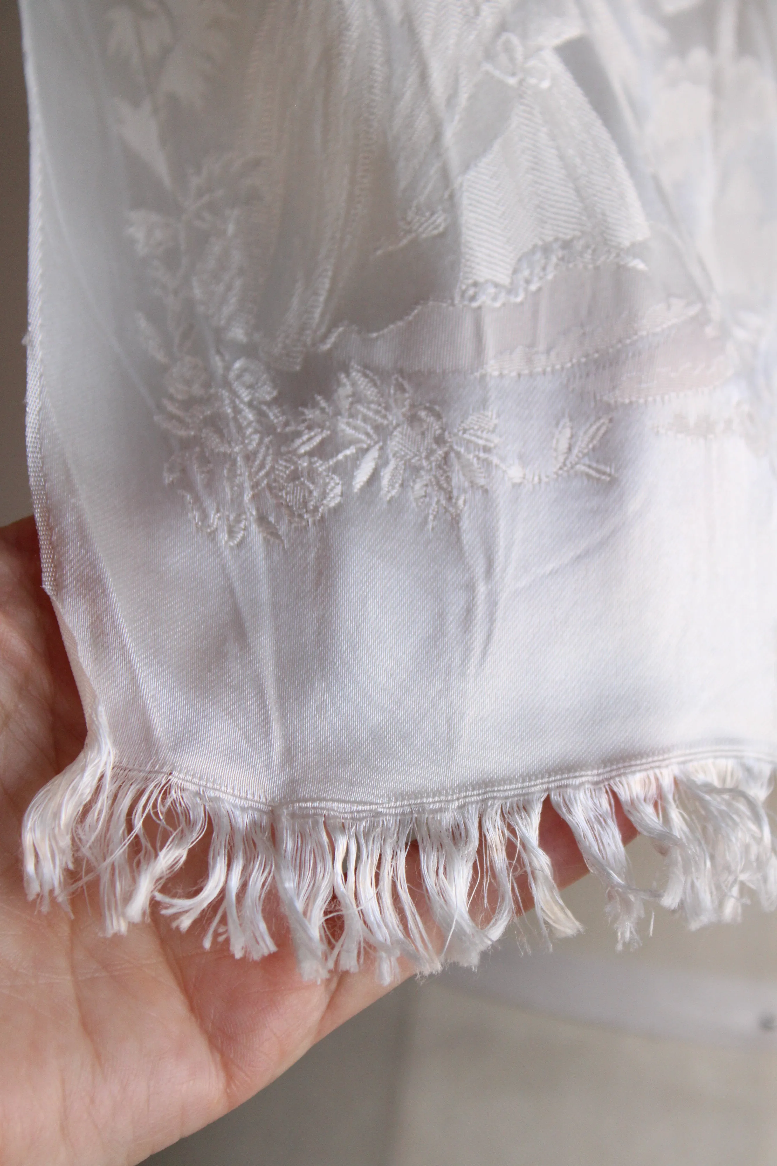 Vintage Winter White Fringed Silk Scarf