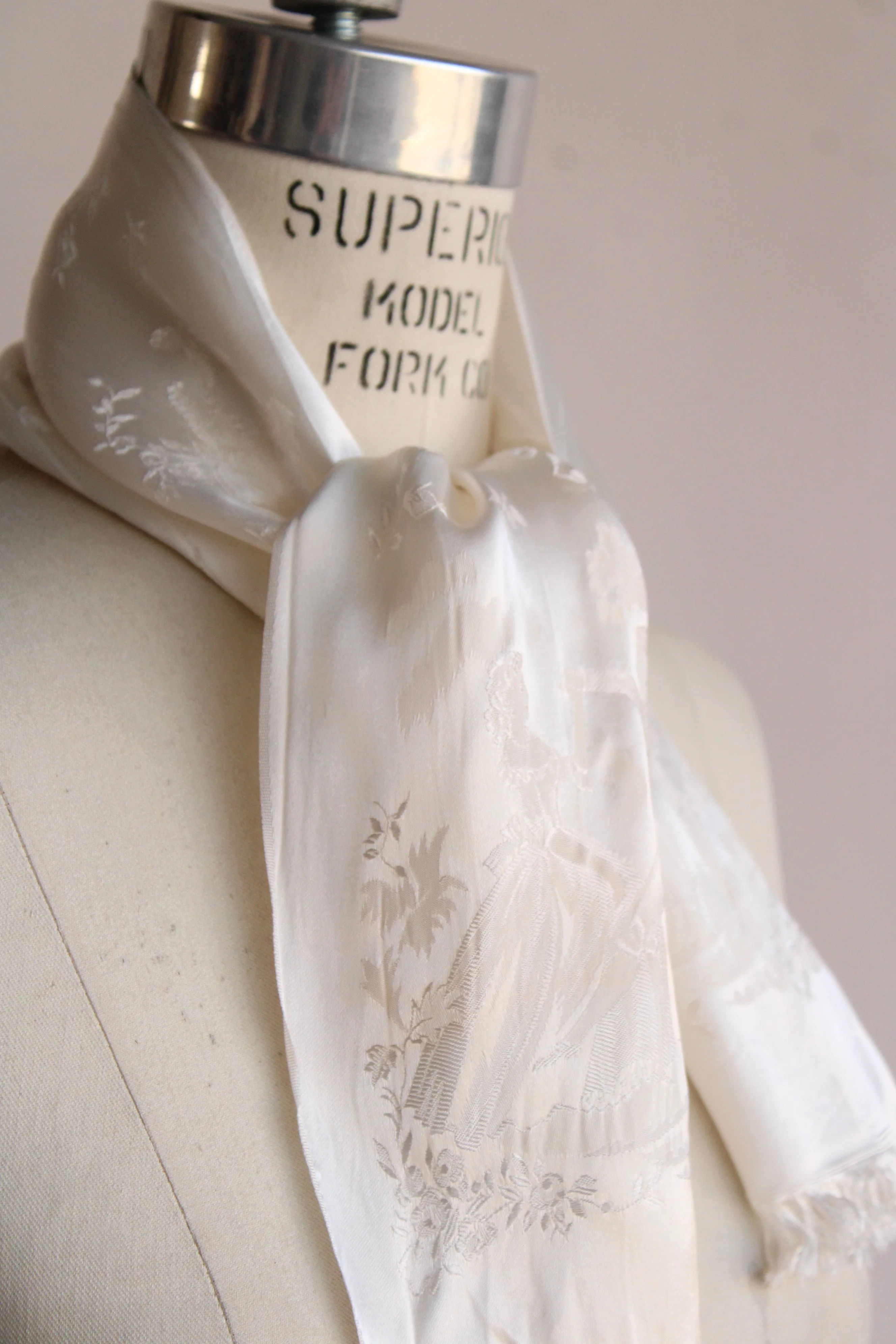 Vintage Winter White Fringed Silk Scarf