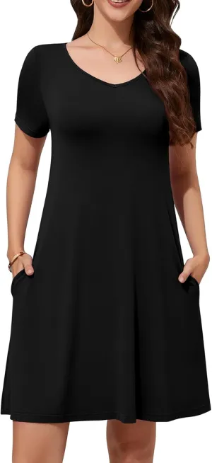 WEACZZY Summer Dresses for Women 2025 V-Neck Casual T Shirt Dress Loose Short Sleeve Flowy Dresses with Pockets