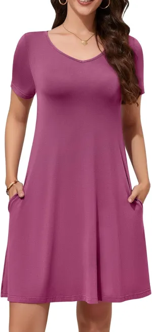 WEACZZY Summer Dresses for Women 2025 V-Neck Casual T Shirt Dress Loose Short Sleeve Flowy Dresses with Pockets