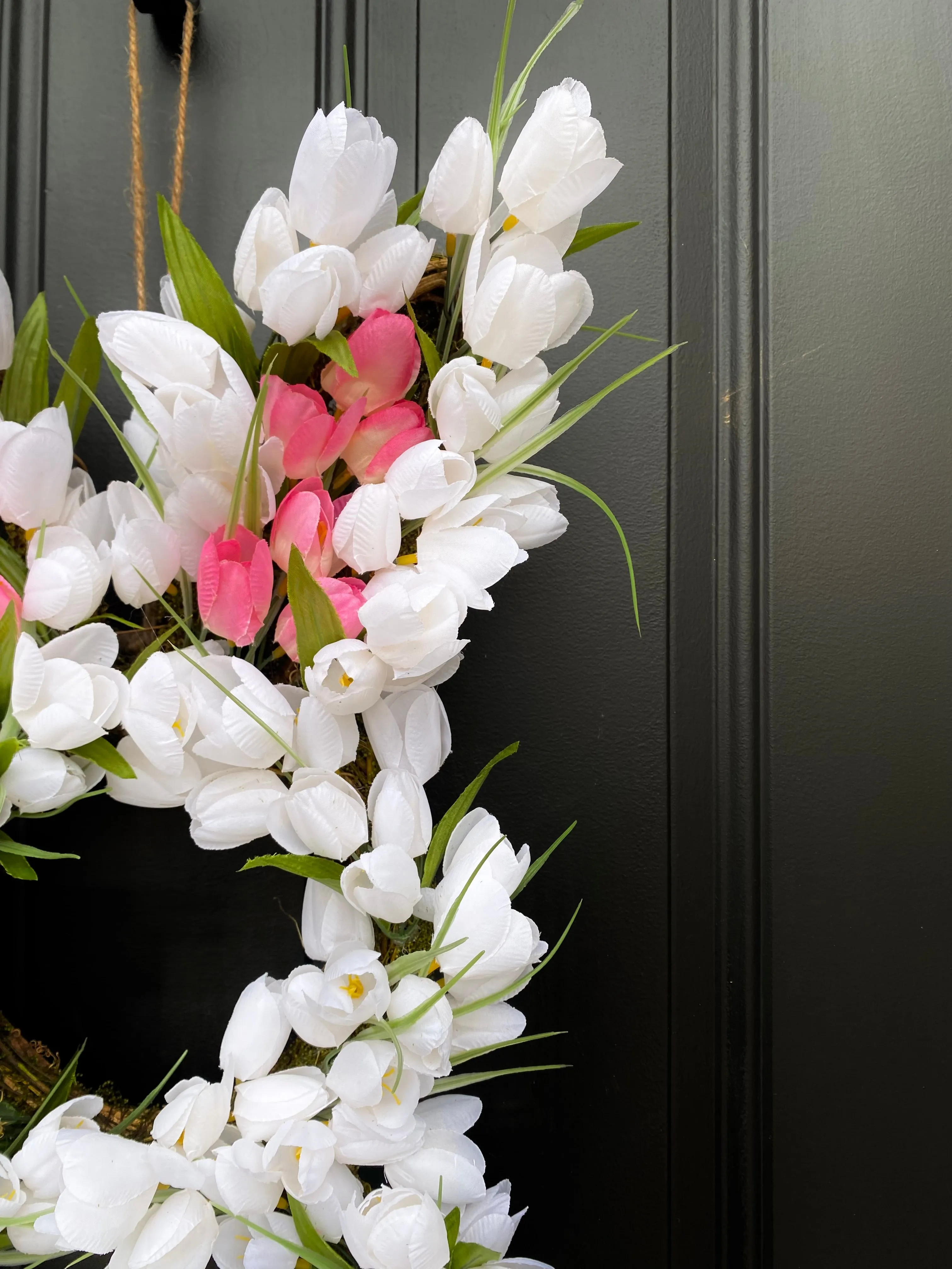 Whimsical Pink Ear Easter Bunny Tulip Door Wreath