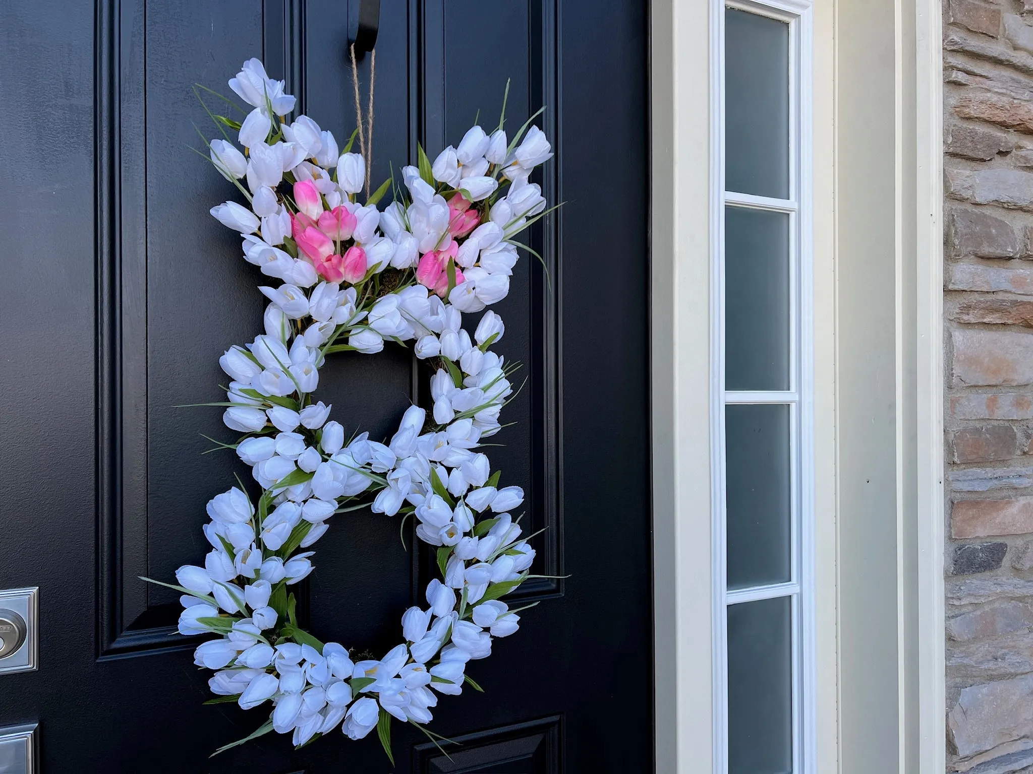 Whimsical Pink Ear Easter Bunny Tulip Door Wreath