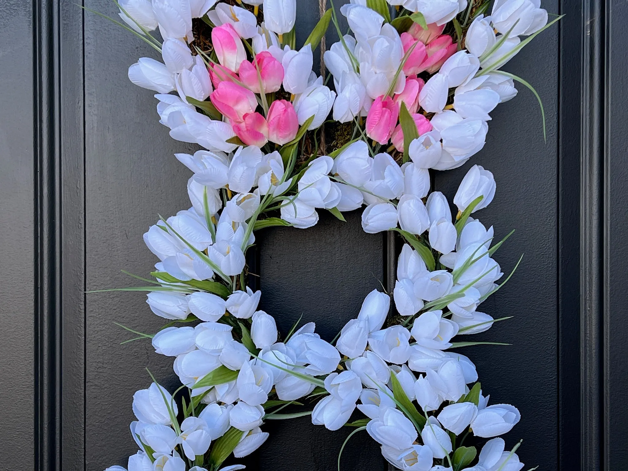 Whimsical Pink Ear Easter Bunny Tulip Door Wreath