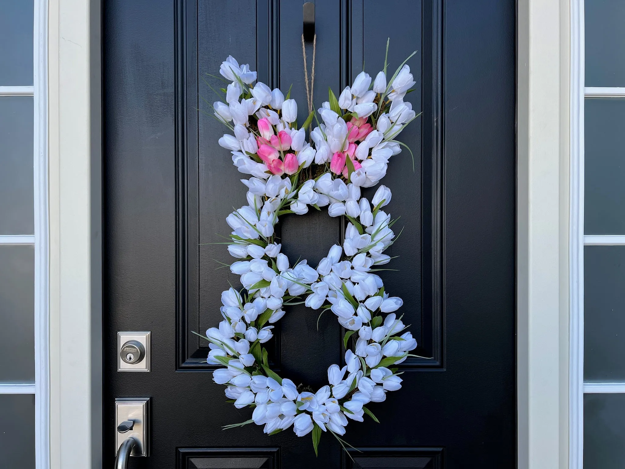 Whimsical Pink Ear Easter Bunny Tulip Door Wreath