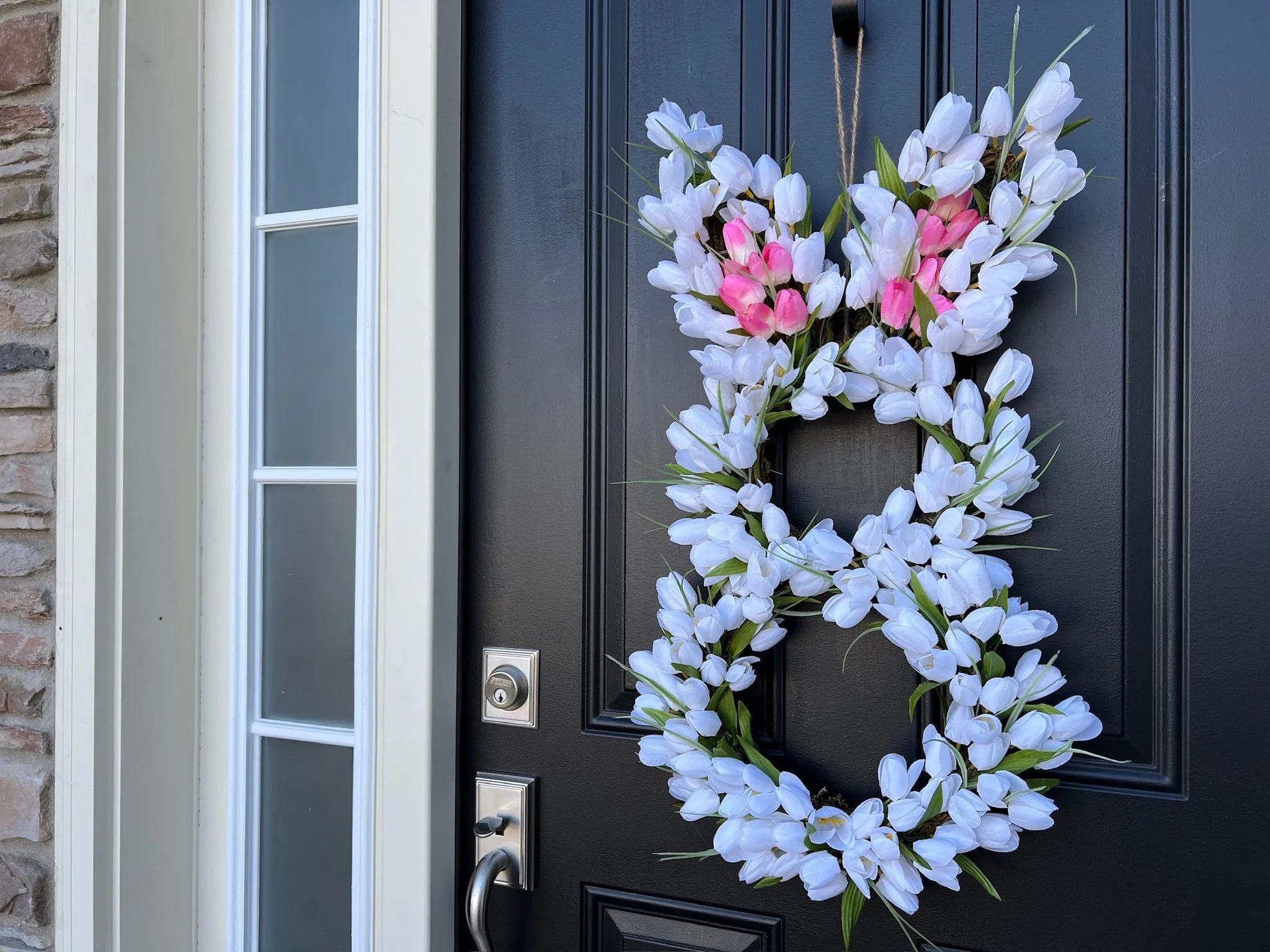 Whimsical Pink Ear Easter Bunny Tulip Door Wreath