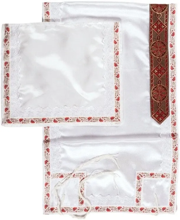 White and Bordeaux Fancy Lace Tallit Prayer Shawl set, with matching Tallit bag