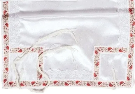 White and Bordeaux Fancy Lace Tallit Prayer Shawl set, with matching Tallit bag